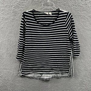 Chicos Womens Top 1 Medium Black White Striped 100% Cotton 3/4 Sleeve Shirt